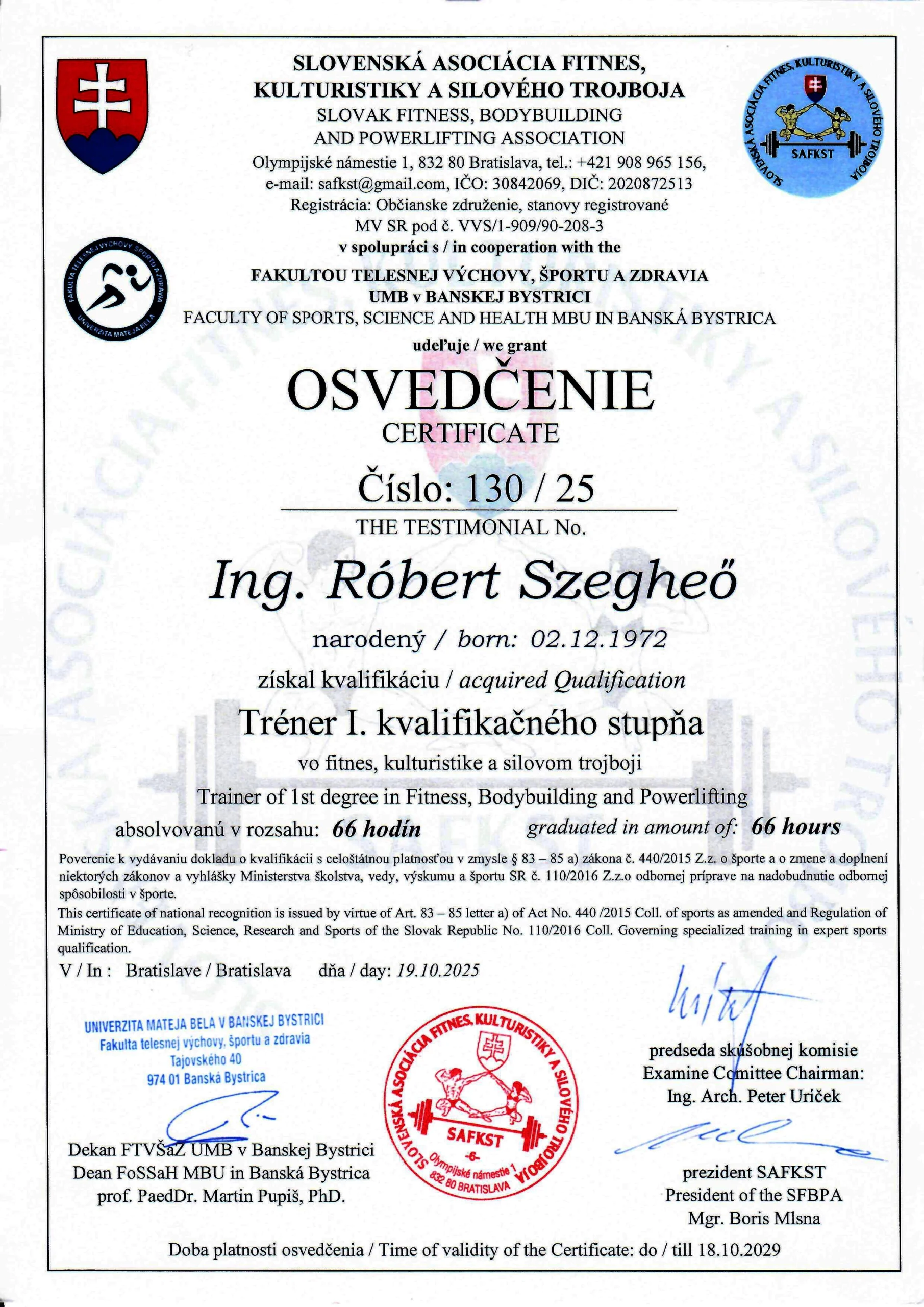 Diplom Ing. Robert Szegheő - akreditovaný tréner fitness IFBB